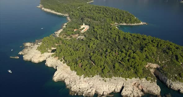 Aerial footage of Lokrum island in Croatia. Wide view of whole island alt