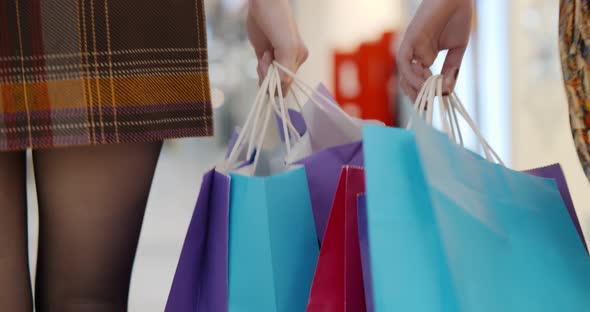 Close Up Two Women Holding Shopping Bags While Walking in Shopping Mall alt