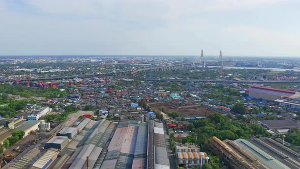 Aerial view of Bhumibol Bridge and Chao Phraya River in structure of suspension alt