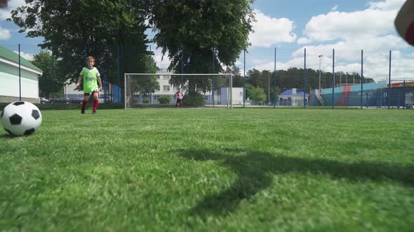 Group of Young Boys Play Soccer, Training Day on the Football Field alt