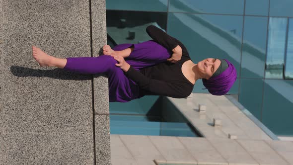 Vertical View Cheerful Happy Carefree Inspired Young Hijab Girl Islamic Muslim Barefoot Calm Woman alt