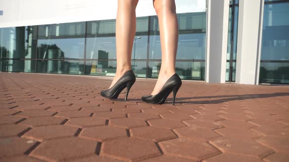 Feet of Young Woman in High-heeled Footwear Going in the City. Girl Stepping. Female Legs in High alt