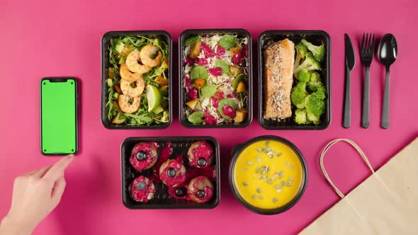 Food Delivery Top View Take Away Meals in Disposable Containers on Pink Background alt