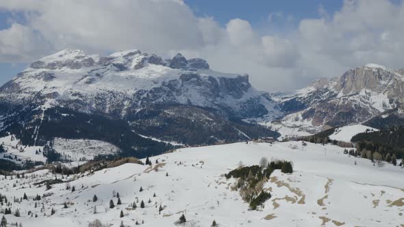 Aerial, Snowy Dolomites Mountains, Huge Peaks And Beautiful Winter Landscape