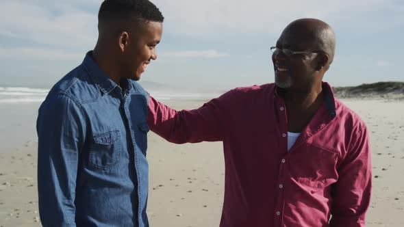 African american father standing on beach with teenage son, putting hand on his shoulder and smiling alt