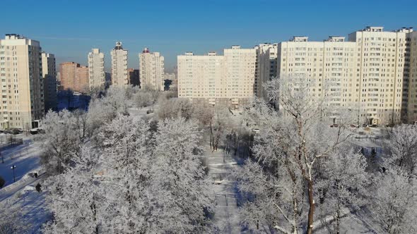 Moving Down Over Winter City of Moscow, Russia