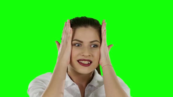 Surprised Excited Smile Business Woman Wear White Suit. Green Screen alt