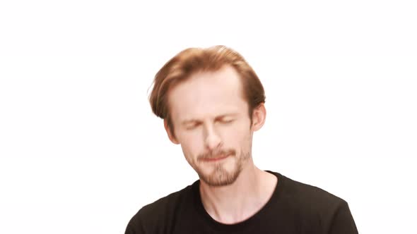 Young Handsome Man Singing Dancing Smiling Over White Background alt