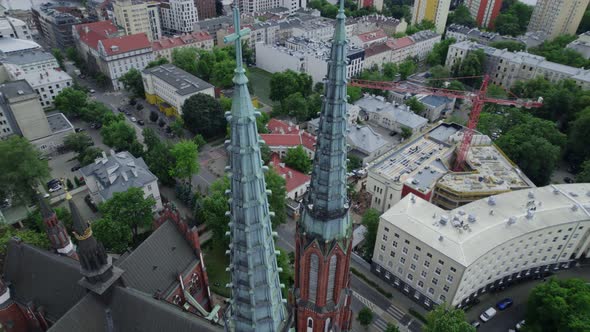 Circle Drone Aerial Video of the Catholic Church in Warsaw Poland