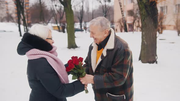 Happy Elderly Man Giving Bouquet of Red Roses To His Wife in the Park Covered in Snow alt