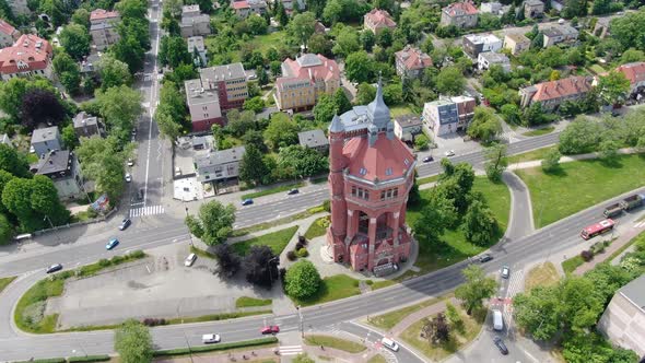 Aerial view of a historic water tower in Wroclaw, Poland alt