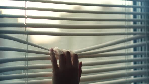 Sunlight Behind Vertical Jalousie. Hand Opening Slats Venetian Blinds With Finger On Home. alt