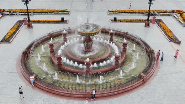 Top Aerial View Over the Fountain on the Square Russia Khabarovsk Lenin Square alt
