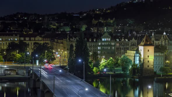 Jirasek Bridge on the Vltava River Night Timelapse in Prague Czech Republic alt