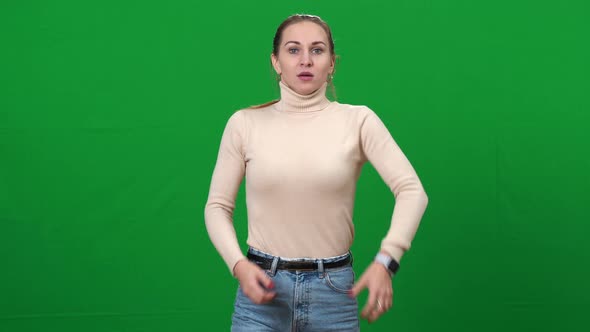 Brunette Woman Checking Time on Watch and Hurrying Running on Green Screen alt