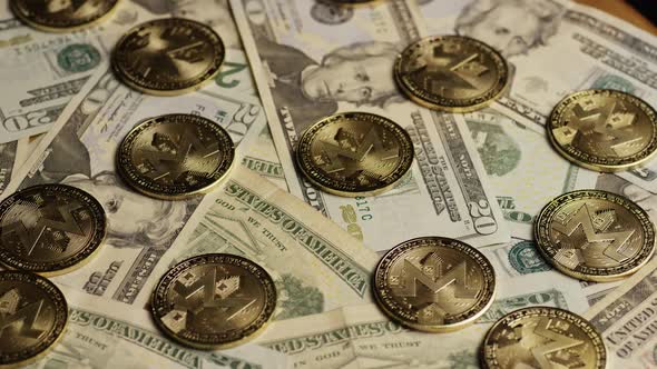 Rotating shot of Bitcoins (digital cryptocurrency) - BITCOIN MONERO  alt