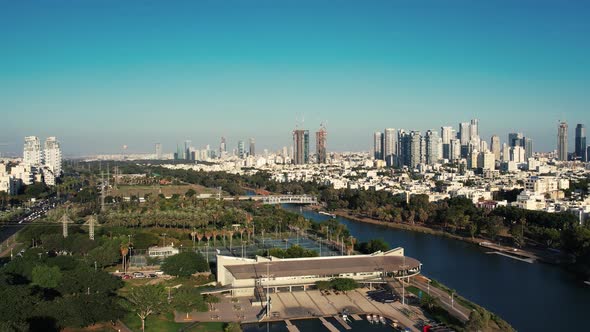 Tel Aviv Yarkon Lake City Wide Shot Drone 4k