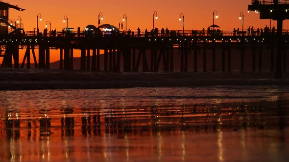 California Summertime Beach Aesthetic, Golden Sunset. Vivid Sky Over Pacific Ocean Waves. Santa