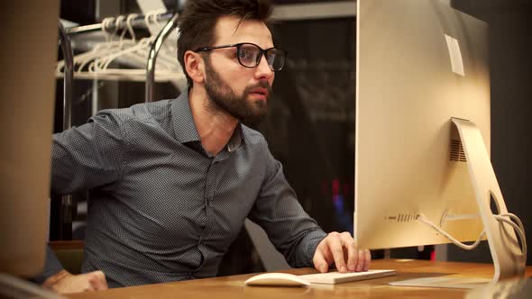 Office Worker Overtime Work In Internet. Businessman Working Alone. Workaholic Pc Overtime Deadline. alt