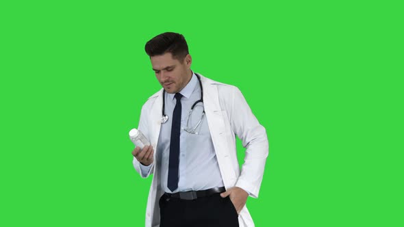 Pharmacist Man Looking Camera Posing and Showing White Bottle Recipient New Medicine alt