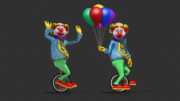 Funny Cartoon Clown Character Riding Unicycle With Balloons (2-Pack)