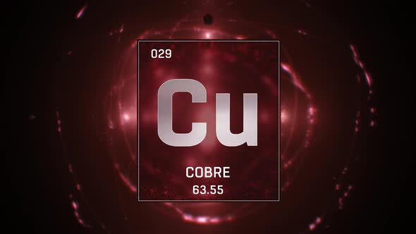 Copper as Element 29 of the Periodic Table on Red Background in Spanish Language