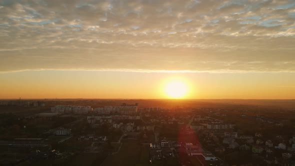 Sunrise With Beautiful Clouds In The City. Aerial Shot