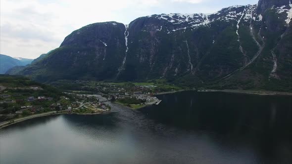 Panning around the fjord in Norway, aerial footage. alt