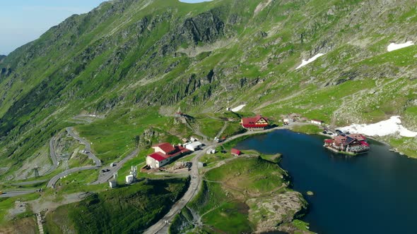 Aerial View Lake Balea on Transfagaras Pass in Carpathian Mountains Romania alt