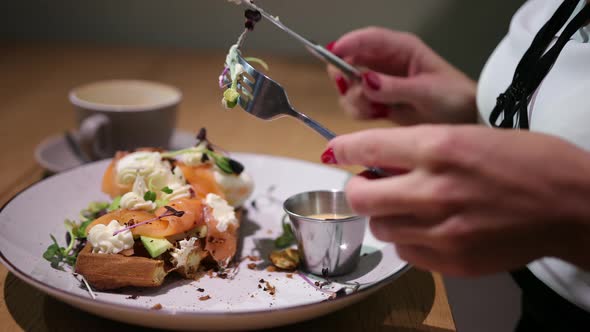 Attractive Lady Woman Eating Salad in Restaurant Indoor alt
