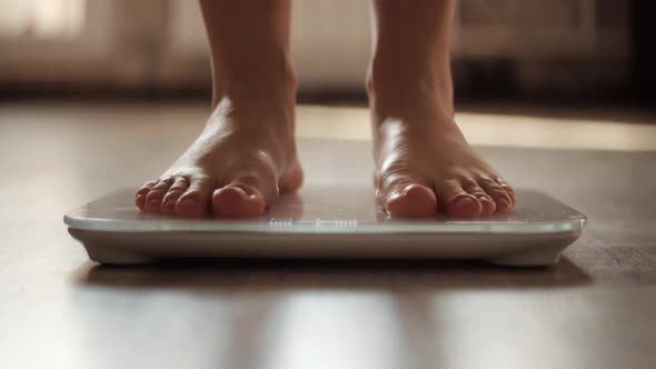 Overweight Woman On Scales Measure Weight.Step On Bathroom Scale.Diet Woman Standing Weighing Scales alt
