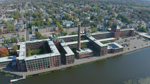 Aerial Drone Shot Flying next to Watch Factory in Waltham Massachusetts alt