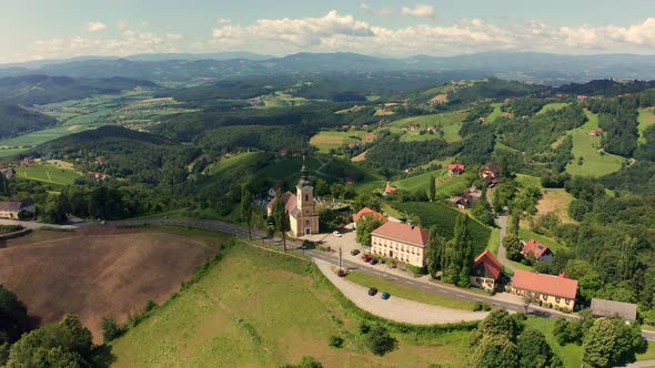 Aerial View of Austrian Vilage Kitzeck in Vineyard Region of Styria.