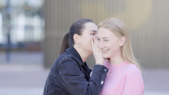 Young woman whispering secret in friends ear