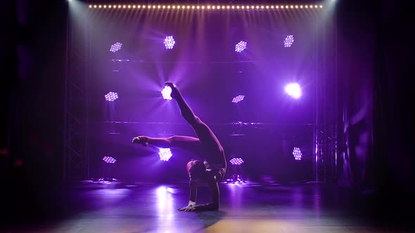A Girl Artistic Gymnast Performs a Handstand and Balances. Female Athlete Training in a Closed alt