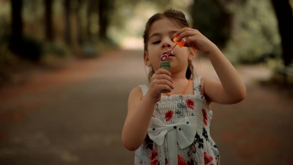 Family Having Fun In Park. Girl Blowing Soap Bubbles. Playful Cute Preschool Kid Leisure Outdoor. alt