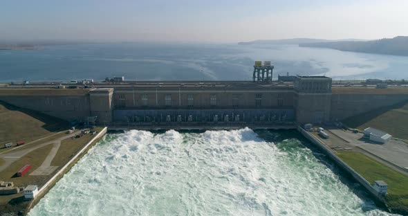 Water Dam and Reservoir Lake Aerial Drone Footage in Siberia Angara River. alt