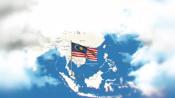 Malaysia Map And Flag With Clouds