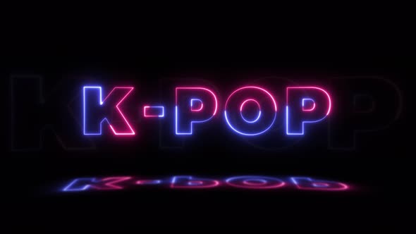 Neon glowing word 'K-POP' on a black background with reflections on a ...