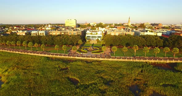 Aerial of Charleston Skyline and Waterfront Park with Pineapple Fountain alt