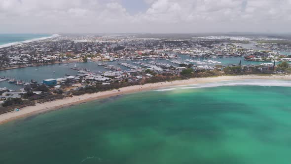 Drone view of famous Mooloolaba beach and marina