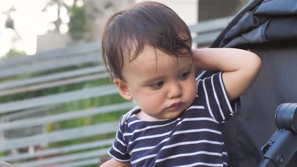Closeup of a Beautiful Baby 810 Months Old Sits in a Stroller and Looks at the Camera alt