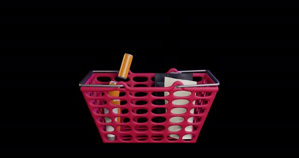 Animation Cosmetics, Products, Bottles, Cans, Bags Fall Into A Red Plastic Shopping Basket