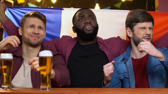 Multiracial Fans Waving French Flag in Pub Disappointed About Team Losing Match alt