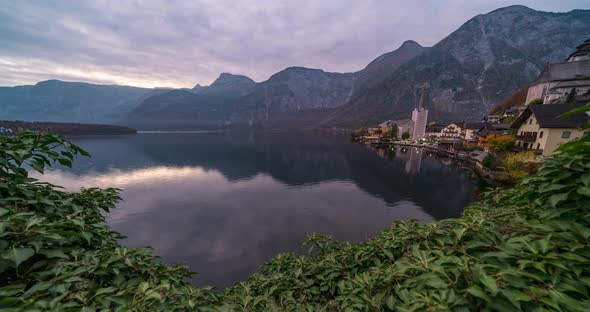 Timelapse View of the Lake and the City of Hallstatt During a Beautiful Sunrise in Mid-autumn