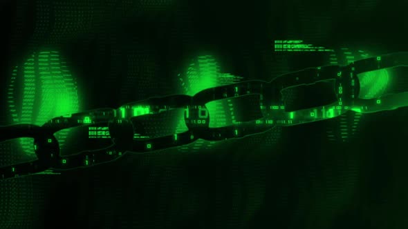 Animation of digital computer interface with data processing and chain links on green background alt