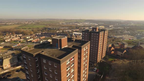 Aerial footage view of high rise tower blocks, flats built in the city of Stoke on Trent to accommod alt