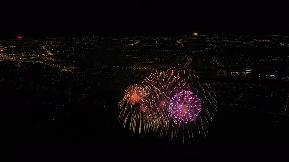 View of Fireworks and Fireworks From a Bird's-eye View Over the City of Minsk. Colored Lights in the alt