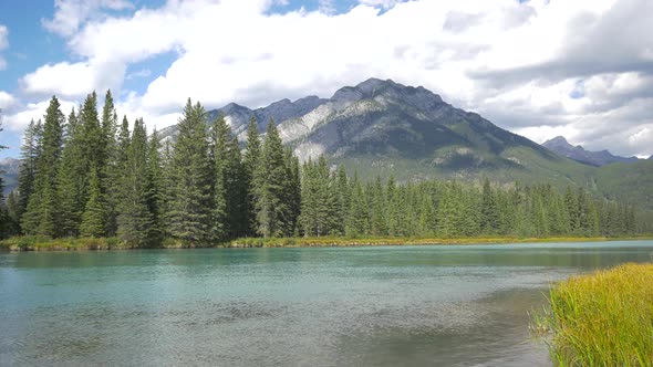 Pan right of Bow River flowing, Banff National Park alt