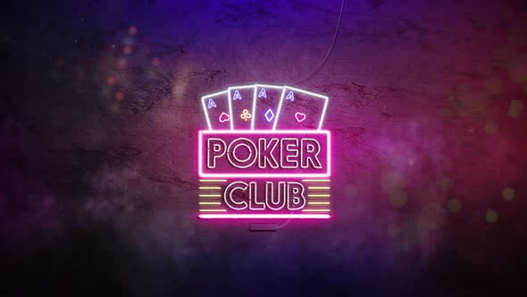 Neon poker club sign dark stone wall, glowing font mockup alt